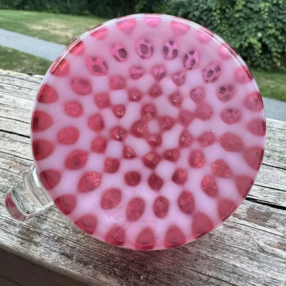 Antique Hobbs Cranberry Opalescent Baby Coin Spot Finger Oil Lamp Font c1890